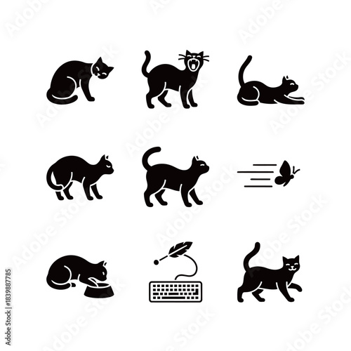 Black Cat Poses and Activities Icon Set with Butterfly and Keyboard
