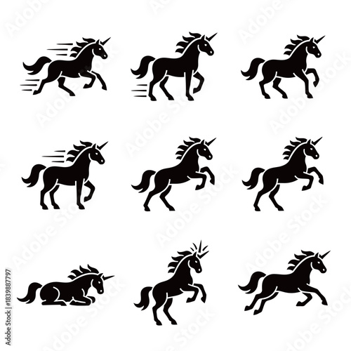 Black Unicorn Running and Prancing Mythical Creature Icon Set