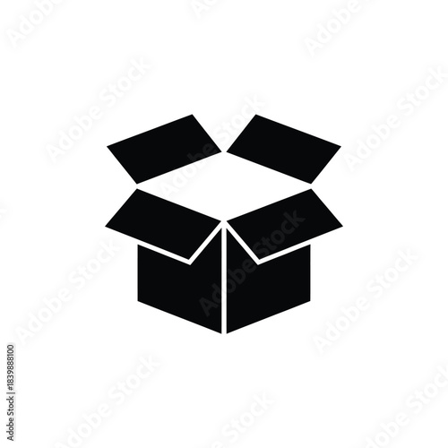 Open black cardboard box icon on white background