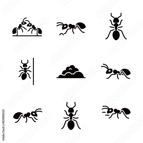 Black Ant Icons Set Working Digging Crawling and Anthill