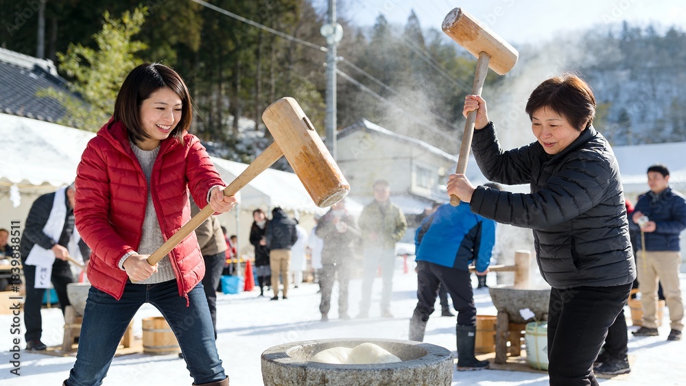 Naklejka premium 雪景色の中で餅つきを楽しむ二人の女性