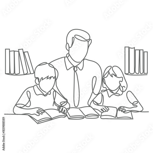 A father and son, daughter are sitting in a chair and reading a book together, isolated on a white background the image is a simple line drawing style illustration.