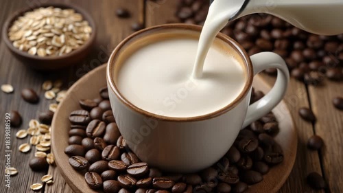 Pouring Cream Into a Coffee Cup Surrounded by Coffee Beans and Oats on a Wooden Surface