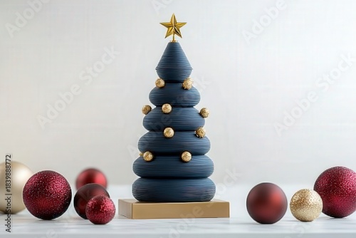 Stylized deep blue stacked decoration resembles a holiday evergreen surrounded by festive spheres