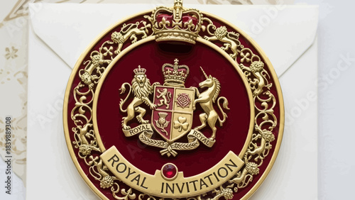 Royal invitation: a close-up shot of an invitation card featuring a royal emblem, which is adorned with intricate golden details and a rich red backdrop.