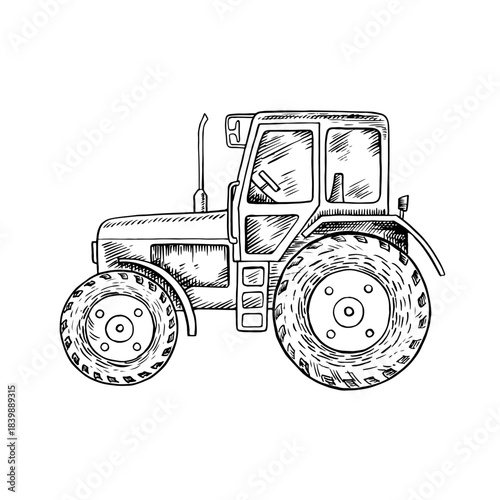 Agricultural tractor. Black and white vector illustration drawn by hand. Concept of agricultural machinery. Element of banner, label, postcard, and more design.