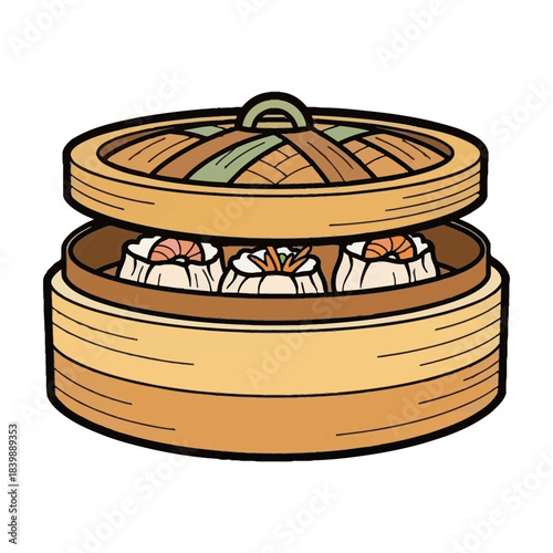Steaming dim sum dumplings in bamboo basket silhouette isolated on white background