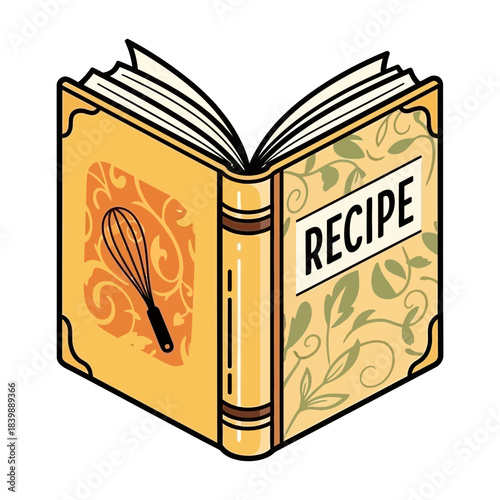 Open recipe book with whisk and floral design silhouette isolated on white background