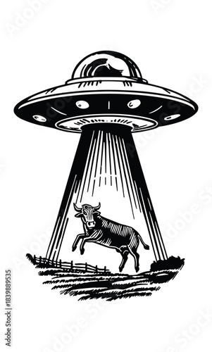 Vintage UFO Beam Abducting Bull – Retro Sci-Fi Engraving Illustration