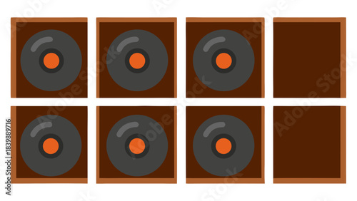 Six Vinyl Records Arranged in Brown Cubbies With Two Empty Spaces Ideal for Music Storage and Organization