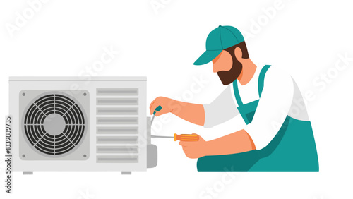 Skilled Technician In Teal Overalls And Cap With Screwdriver Repairing Outdoor Air Conditioning Unit With Fan Grille In Daylight