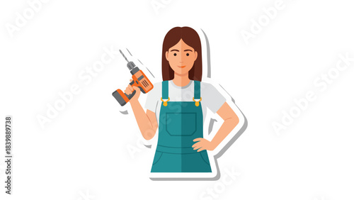 Skilled woman holding cordless drill wearing teal overalls and white t-shirt on a black background with white outline sticker effect and soft lighting