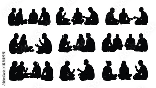 a collection of nine black silhouettes depicting various seated and interacting human figures in different poses silhouette