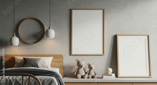 Cozy bedroom corner with a wooden bed framed art and decorative lighting creating a warm and inviting atmosphere