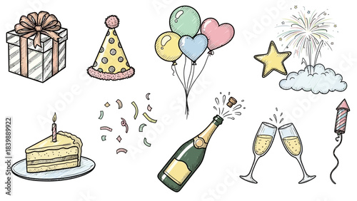 Festive Elements: A delightful collection of festive elements, including a gift box, party hat, balloons, confetti, cake, champagne, and fireworks, set against a pristine backdrop.