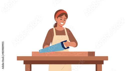 Smiling woman wearing apron and headband diligently sawing wood plank on workbench with focused expression natural lighting creating a craftsman atmosphere and depiction of skilled labor