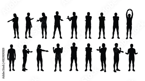 a collection of black silhouettes depicting various human poses and gestures in a simple graphic style silhouette