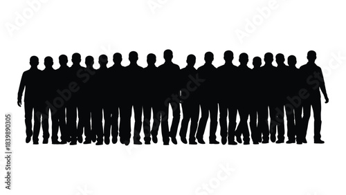 a large group of people standing close together forming a dark solid mass against a white background silhouette
