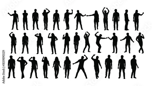 a collection of black human figures in various dynamic poses displayed against a white background silhouette