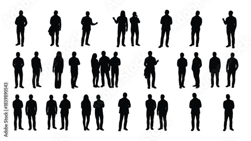 a collection of diverse black silhouettes depicting various human poses and gestures against a clean white background silhouette