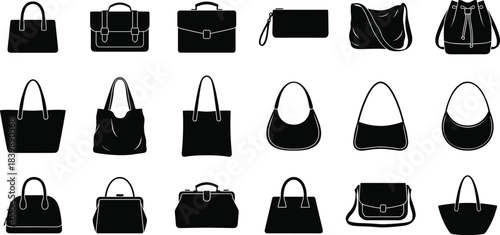 Fashion handbag and purse silhouette collection featuring tote bags, shoulder bags, clutches, satchels, and modern accessories for branding, design, and vector illustration