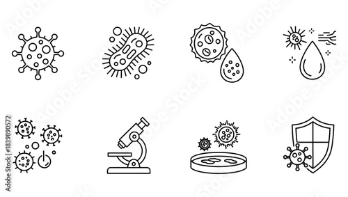 Microscopic World Outline Icons for Bacteria, Viruses, and Immunity Concepts