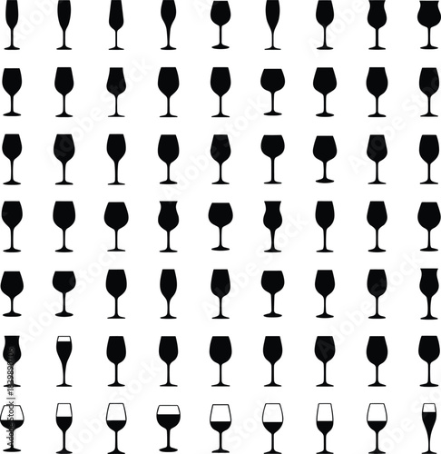 Large collection of elegant wine glass silhouettes featuring diverse stemware shapes perfect for bar restaurant menu design drinkware vector illustration set
