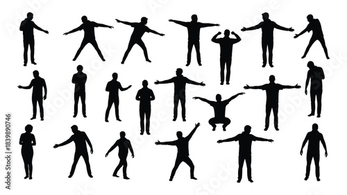 a collection of various human figures depicted in stark black silhouettes showcasing diverse poses and actions silhouette