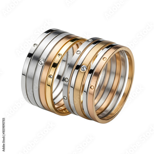 Stackable luxury wedding bands featuring diamonds in white, yellow, and rose gold on a transparent background