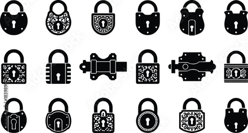 Vintage and modern padlock icon set ornamental antique locks decorative security silhouettes for branding logos packaging web and print design