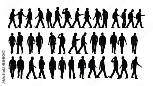 a collection of black silhouettes depicting people in various walking poses arranged in neat rows and columns silhouette