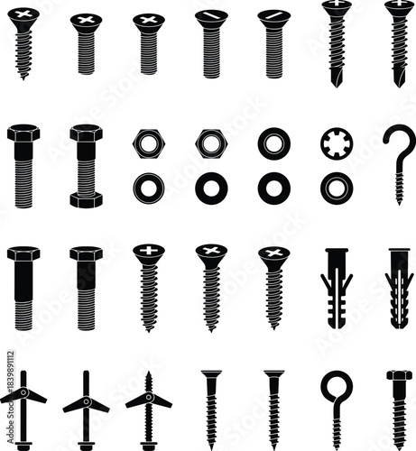 Complete assortment of screws, bolts, nuts, washers, anchors, and fastener silhouettes for construction, engineering, hardware design, DIY projects, and technical illustrations