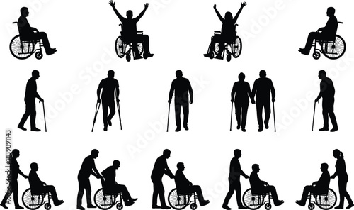 Silhouettes of people using wheelchairs, canes, and crutches illustrating mobility support, caregiving assistance, independence, rehabilitation, and inclusive accessibility in everyday life