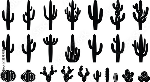 Collection of diverse cactus silhouettes featuring desert plants, succulent shapes, botanical elements, and natural foliage for decorative vector design and creative artwork