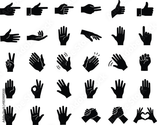 Hand gestures icons vector set flat black silhouettes pointing thumbs up clapping peace ok handshake love heart symbols for communication