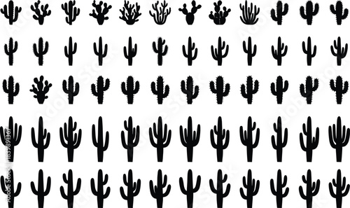 Cactus silhouette vector icon set of varied desert plant shapes saguaro prickly pear agave collection for botanical and western designs