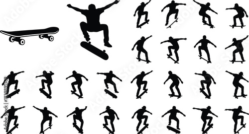 Dynamic skateboarder silhouette action vector set featuring multiple trick poses extreme sports movement collection for urban lifestyle design and illustrations