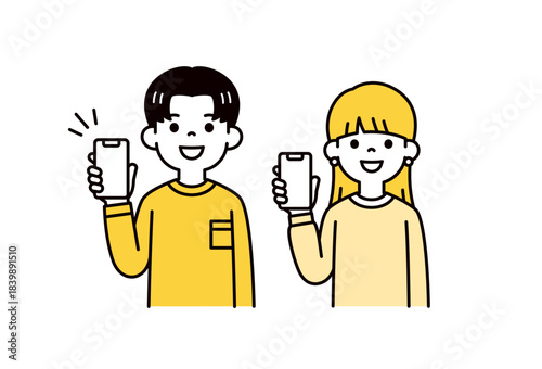 スマートフォンの画面を見せる、10代・20代の若い男女の上半身ベクターイラスト素材セット