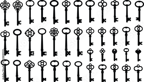 Vector illustration set of vintage ornate keys in diverse shapes and designs, perfect for antique themes, security concepts, decorative art, and classic styled projects
