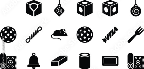 Pet care and toy icons, vector set of cat accessories including mouse, ball, rope, bell, and food supplies.