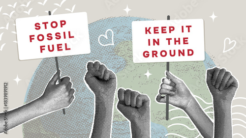 An illustration of environmental activism with protest posters against fossil fuels and environmental protection. A trendy halftone collage. Concept of environmental activism, climate protests, and