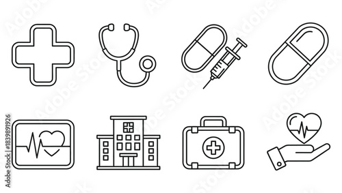 Set of icons related to health, medicine, and hospitals