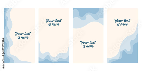 Set of 4 story templates. Digital watercolor in nautical style. Vertical frames featuring the sea and beach. Vector illustration. Poster, banner, cover for smartphones and social media.