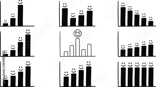 Vector set of doodle bar charts with smiley faces, representing positive feedback, business growth, success, and happy customer rating data.
