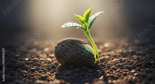 Seed germination and the beginning of new life in fertile soil. Ecology and agricultural concepts. Close-up of a small green sprout emerging from a patterned seed pod in dark ground