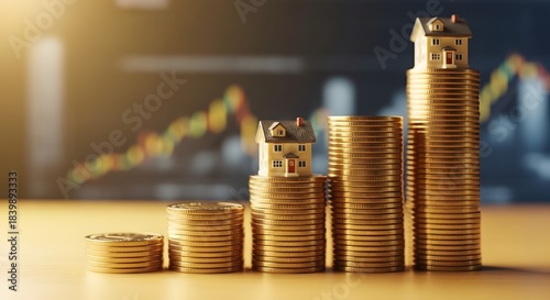 Real estate investment progress with small houses on increasing coin stacks. Housing market growth and financial planning. Miniature houses sitting on rising gold coin columns with graph background