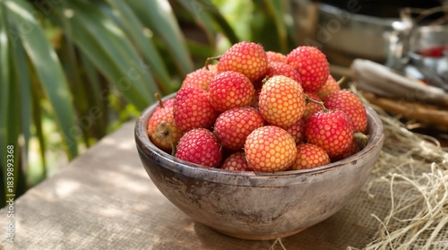 A rustic wooden bowl brimming with fresh, ripe red and yellow arbutus fruits, set outdoors on a textured surface.