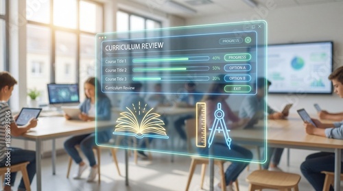 curriculum review virtual interface displaying course progress tracking with percentage completion bars and educational icons for academic program evaluation and student learning assessment