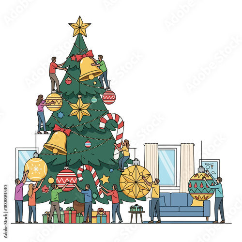 Ilustrasi vektor 2D datar cerah menunjukkan sekelompok orang yang beragam menghias pohon Natal besar dengan ornamen geometris bergaya seperti lonceng dan bintang di ruang tamu yang terang.