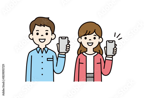 左手でスマートフォンの画面を見せる、男女・夫婦の上半身ベクターイラスト素材セット＿カラー
